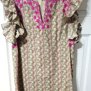 Pink and Cream Patterned Dress with Ruffle Sleeves